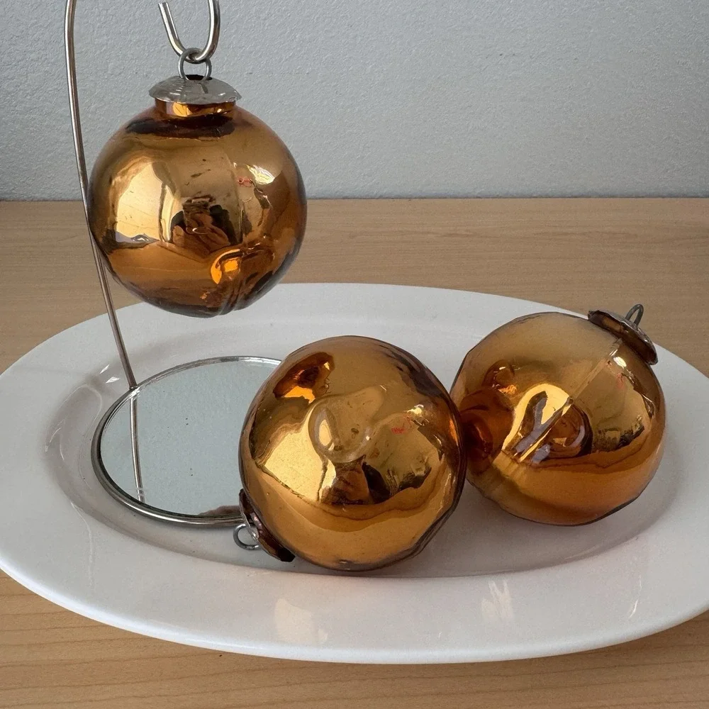 Vtg Y2K Midwest Kugel Christmas Ornament Lot Of 3 Yellow Gold Glass‎ Ball Bell